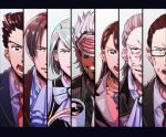  2girls 5boys ace_attorney ascot black_hair black_jacket black_suit blue_jacket blue_suit brown_hair collared_shirt column_lineup commentary_request cup dark-skinned_male dark_skin earrings emergency_exi10 facial_hair formal franziska_von_karma glasses godot_(ace_attorney) gregory_edgeworth grey_hair grin hair_slicked_back jacket jewelry letterboxed light_blue_hair looking_at_viewer magatama manfred_von_karma mask mia_fey miles_edgeworth mole mole_under_mouth multiple_boys multiple_girls necktie open_mouth panels phoenix_wright red_jacket red_necktie red_suit ribbon scarf shirt short_hair smile suit teeth upper_body visor white_ascot white_hair yellow_scarf 