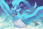  articuno artist_name bird claws closed_mouth commentary flying kira_(kira_dra) looking_at_viewer no_humans pokemon pokemon_(creature) red_eyes sky sparkle wings 