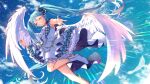  1girl ^_^ ^o^ alternate_costume aqua_hair closed_eyes dress flying frilled_dress frills grin hand_up hatsune_miku kyashii_(a3yu9mi) long_hair midair outstretched_arm sky sleeveless smile solo twintails vocaloid wings 