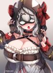  1girl :d belt blush breasts claw_pose cleavage eye_mask fang fingerless_gloves frills gloves grey_background hololive hood large_breasts long_hair marota nose_blush open_mouth sakamata_chloe silver_hair smile solo upper_body virtual_youtuber 