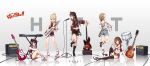  5girls akiyama_mio amplifier animal_ear_headphones arm_support ass bare_shoulders bass_guitar black_hair blonde_hair blue_eyes blush boots bow brown_hair charm_(object) contrapposto copyright_name denim denim_shorts detached_sleeves drum drum_set elbow_gloves electric_guitar from_behind gloves grey_background guitar hair_bow headphones highres hirasawa_yui instrument k-on! keytar kneehighs kotobuki_tsumugi looking_at_viewer looking_back looking_to_the_side midriff multiple_girls nakano_azusa navel plaid plaid_skirt red_eyes reflection shoes short_hair shorts skirt smile sneakers standing standing_on_one_leg swimsuit tainaka_ritsu thighhighs thighs wide_sleeves wire wujia_xiaozi 