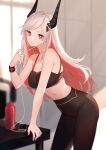  1girl black_legwear bottle breasts bright_pupils cellphone cleavage colored_inner_hair earbuds earphones english_commentary hair_behind_ear highres horns juwei leaning_forward leggings long_hair looking_at_viewer mahou_arms medium_breasts midriff multicolored_hair navel phone red_hair smartphone solo sports_bra water_bottle white_hair white_pupils xerxes_(mahou_arms) 