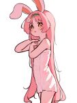  1girl :o animal_ears bangs bare_arms bare_shoulders black_hairband blush brown_eyes flower hair_flower hair_ornament hairband hands_up holding holding_hair long_hair looking_away mimi_(princess_connect!) naked_towel parted_bangs parted_lips pink_hair princess_connect! rabbit_ears setmen simple_background solo standing towel very_long_hair wet wet_hair white_background white_flower 