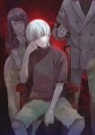  1girl 2boys arm_support bangs black_eyes black_shirt brown_shirt buttons chair cheek_rest double-breasted dress feet_out_of_frame glasses green_necktie grey_hair heterochromia highres holding kamishiro_rize kaneki_ken kyuuba_melo long_hair long_sleeves multiple_boys necktie omori_yakumo pants puffy_short_sleeves puffy_sleeves red_background red_eyes red_hair shirt short_hair short_sleeves shorts sitting tokyo_ghoul torn_clothes torn_shirt torn_shorts 