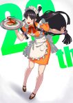  1girl :d absurdres ace_attorney apron black_eyes black_hair dress frilled_dress frills hair_bun highres holding holding_tray lobster long_hair low-tied_long_hair maid maid_apron maid_headdress maya_fey ribbon short_sleeves smile solo tray waitress yoshimura_ken&#039;ichirou 