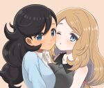  2girls bare_arms blue_eyes blue_sweater blush breasts closed_mouth collarbone collared_shirt commentary_request curly_hair emma_(pokemon) hand_up highres hug long_hair multiple_girls nasakixoc one_eye_closed pokemon pokemon_(game) pokemon_xy serena_(pokemon) shirt sleeveless sleeveless_shirt smile sweater upper_body white_shirt 