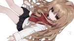  1girl aisaka_taiga arms_at_sides bangs black_skirt brown_eyes brown_hair closed_mouth coat donut_335 dutch_angle expressionless from_above highres long_hair long_sleeves looking_at_viewer red_scarf scarf sidelocks simple_background sitting skirt solo toradora! very_long_hair white_background white_coat 