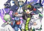  1boy :d abomasnow bangs baseball_cap black_hair black_headwear clenched_hand commentary_request empoleon garchomp gardevoir grey_eyes hat holding holding_poke_ball honchkrow jacket long_sleeves lucas_(pokemon) male_focus open_mouth poke_ball poke_ball_(basic) pokemon pokemon_(creature) pokemon_(game) pokemon_bdsp short_hair smile teeth tongue toxicroak yamanashi_taiki 