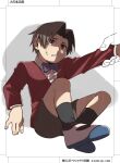  1boy ace_attorney arm_grab bangs disembodied_limb ganbare_(hnct4244) grey_eyes grey_hair long_sleeves male_focus miles_edgeworth parted_bangs ribbon short_hair shorts simple_background sitting solo sweat 