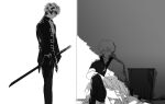  2boys 76piccolo closed_eyes gintama greyscale highres hijikata_toushirou military military_uniform monochrome multiple_boys sakata_gintoki shading sheath sheathed sitting sleeping sleeping_upright standing trash_can uniform 