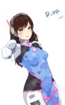  1girl acronym animal_print arm_at_side bangs blue_bodysuit blush bodysuit breasts brown_eyes brown_hair bunny_print character_name chewing_gum d.va_(overwatch) dutch_angle facepaint facial_mark headphones highres long_hair looking_at_viewer overwatch parted_lips pilot_suit pointing pointing_at_viewer ribbed_bodysuit shoulder_pads small_breasts solo swept_bangs whisker_markings white_background wujia_xiaozi 
