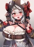 +_+ 1girl :d belt blush breasts claw_pose cleavage duplicate fang fingerless_gloves frills gloves grey_background hololive hood large_breasts long_hair marota nose_blush open_mouth pixel-perfect_duplicate red_eyes sakamata_chloe silver_hair smile solo upper_body virtual_youtuber 