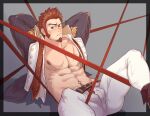  1boy abs alternate_facial_hair arms_behind_head ass bara bare_pectorals blue_eyes blush brown_hair bucephalus.tvt bulge cross_scar epaulettes facial_hair fate/grand_order fate_(series) feet_out_of_frame fringe_trim goatee highres jacket large_pectorals leather leather_jacket long_sideburns long_sleeves looking_at_viewer male_focus male_pubic_hair mature_male military military_uniform muscular muscular_male napoleon_bonaparte_(fate) navel navel_hair nipples open_clothes open_jacket open_pants open_shirt pants pectorals pubic_hair red_ribbon ribbon scar scar_on_chest short_hair sideburns sitting solo spread_legs stomach thighs uniform white_pants 