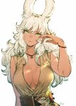  1girl absurdres animal_ears avatar_(ffxiv) bangs bracelet breasts cleavage dark-skinned_female dark_skin dress final_fantasy final_fantasy_xiv fingernails flipped_hair frown highres jewelry kuroimori large_breasts long_fingernails long_hair looking_at_viewer messy_hair necklace pendant rabbit_ears rabbit_girl ring sleeveless sleeveless_dress solo upper_body viera white_hair wristlet yellow_eyes 