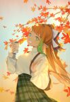  1girl autumn_leaves bangs bright_pupils cup green_hair green_skirt hair_behind_ear head_tilt highres holding holding_cup looking_at_viewer mahou_arms multicolored_hair open_hand orange_hair plaid plaid_skirt pointy_ears ponytail second-party_source skirt smile solo streaked_hair susan_(mahou_arms) sweater sweater_tucked_in white_pupils white_sweater xiaociiao 