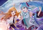  2girls :d ahoge aqua_necktie bangs bare_shoulders belt black_gloves black_skirt blonde_hair blue_eyes blue_hair blush breasts cleavage commentary_request detached_sleeves eyebrows_visible_through_hair figure_story fingerless_gloves gloves gotou_(nekocat) grey_shirt hair_ornament hatsune_miku holding_hands large_breasts long_hair long_sleeves looking_at_another miniskirt multiple_girls necktie outdoors pleated_skirt purple_skirt shirt skirt sleeveless sleeveless_shirt smile strapless suspenders tube_top twintails upper_body vocaloid white_belt wide_sleeves yellow_eyes yuki_(figure_story) 