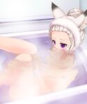  1girl animal_ear_fluff animal_ears animare bathing bathtub blush bubble_blowing completely_nude hair_bun highres leaning_back legs_up nude partially_submerged purple_eyes sch shiromiya_mimi silver_hair sitting solo towel towel_on_head virtual_youtuber 