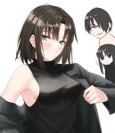  1boy 2girls alternate_costume artist_name black_eyes black_hair blue_eyes blush breasts cowboy_shot egomeshi frown hair_over_one_eye highres kara_no_kyoukai kokutou_mikiya long_hair looking_at_viewer medium_breasts multiple_girls off_shoulder over-rim_eyewear ryougi_mana ryougi_shiki semi-rimless_eyewear shirt sideboob sleeveless sleeveless_shirt translated twitter_username 