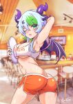  1girl armpits artist_name ass bad_anatomy bebatch breasts bsapricot_(vtuber) cleavage clothes_writing commentary crop_top demon_girl demon_horns demon_wings english_commentary eyebrows_visible_through_hair green_nails highres hooters horns large_breasts lich looking_at_viewer looking_back multiple_horns one_eye_closed orange_shorts pointy_ears purple_horns purple_wings shirt short_hair_with_long_locks short_shorts shorts signature sleeveless solo tray underboob virtual_youtuber vshojo white_shirt wings 
