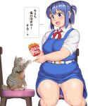  ... 1girl arm_up bangs belt belt_buckle blue_dress blue_eyes blue_hair blush breasts buckle cat chair commentary_request dress eyebrows_visible_through_hair fat_step-sister_(orizen) feet_out_of_frame food french_fries green_eyes grey_legwear highres holding holding_food kneehighs looking_at_animal medium_hair open_mouth original orizen panties pinafore_dress plump red_neckwear shirt short_sleeves sidelocks simple_background sitting smile speech_bubble spoken_ellipsis tabby_cat tail tareme thick_arms thick_thighs thighs translated underwear whiskers white_background white_shirt wing_collar 