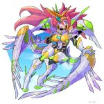  1girl breasts cloud floating_hair gloves hair_between_eyes highres large_breasts long_hair low_wings mecha mecha_musume mechanical_wings oomasa_teikoku open_hands purple_eyes red_hair sky smile solo super_robot_wars super_robot_wars_original_generation valsione_r white_gloves wings 