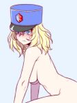  1girl bc_freedom_(emblem) bc_freedom_military_uniform blonde_hair blue_background blue_eyes blush breasts closed_mouth emblem girls_und_panzer hat large_breasts looking_at_viewer looking_to_the_side medium_hair military military_uniform nude oosaka_kanagawa oshida_(girls_und_panzer) shiny shiny_hair shiny_skin sideboob simple_background solo sweatdrop uniform 