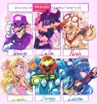  1boy 5girls \m/ arm_cannon big_nose black_gloves blonde_hair blue_hair bracer breasts brown_hair callie_(splatoon) character_name cleavage company_connection crop_top eyewear_on_head facial_hair falchion_(fire_emblem) fingerless_gloves fire_emblem fire_emblem_awakening flower glasses gloves hat helmet highres hyrule_warriors:_age_of_calamity index_finger_raised looking_at_viewer lucina_(fire_emblem) mario_(series) metroid metroid_dread mole mole_under_eye multicolored_hair multiple_girls mustache navel nintendo outside_border overalls pink_flower pink_rose pointy_ears power_suit power_suit_(metroid) princess_zelda purah purple_hair purple_headwear rose samus_aran serious setispaghetti six_fanarts_challenge smile splatoon_(series) splatoon_2 stomach stomach_tattoo streaked_hair sunglasses sword tattoo tentacle_hair the_legend_of_zelda the_legend_of_zelda:_a_link_to_the_past the_legend_of_zelda:_breath_of_the_wild tiara tongue tongue_out two-tone_hair waluigi weapon white_gloves white_hair 