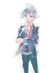  1boy bangs belt belt_buckle blue_eyes buckle closed_mouth collared_shirt commentary grey_hair hand_up jacket jewelry long_sleeves looking_at_viewer male_focus namiri necktie pants pokemon pokemon_(game) pokemon_oras red_necktie ring shirt short_hair solo spiked_hair steven_stone vest white_shirt 