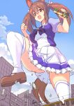  1girl animal_ears breasts brown_eyes brown_hair bus city day destruction dress frilled_dress frills giant giantess ground_vehicle highres hishi_akebono_(umamusume) horse_ears horse_tail large_breasts long_hair motor_vehicle open_mouth sailor_collar school_uniform seo_tatsuya solo tail thighhighs tracen_school_uniform twintails two-tone_dress umamusume walking white_legwear 