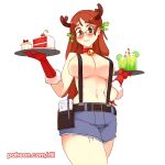  1girl alternate_costume antlers bell belt blush breasts brown_hair cake cake_slice choker commentary cowboy_shot cutoffs drinking_straw english_commentary fake_antlers food freckles fur-trimmed_gloves fur_trim glasses gloves green_eyes hair_ornament holding holding_tray holly_hair_ornament jingle_bell katawa_shoujo large_breasts long_hair looking_at_viewer neck_bell patreon_username pen red_choker red_gloves rtil shirakawa_yuuko shorts simple_background solo suspender_shorts suspenders topless tray wavy_mouth white_background 