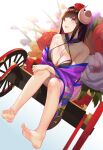  1girl absurdres azur_lane bangs bare_shoulders barefoot breasts brown_hair cleavage collarbone commentary_request curled_horns dutch_angle eyebrows_visible_through_hair feet flower full_body hair_flower hair_ornament highres horns japanese_clothes kimono kojo_(0124) long_hair medium_breasts open_mouth purple_eyes revision rickshaw sitting_on_bench smile soles solo suruga_(azur_lane) suruga_(hundred_flower&#039;s_auspice)_(azur_lane) toes 