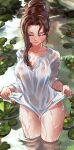  1girl artist_name bangs breasts brown_hair cleavage closed_eyes closed_mouth collarbone commentary cowboy_shot enmanuelart20 eyelashes forehead hair_bun highres large_breasts lifted_by_self lily_pad lips long_sleeves nipples no_bra original parted_bangs pond shirt sketch solo standing thighs wet wet_clothes wet_shirt white_shirt 