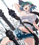  1girl bare_legs black_panties blue_eyes blue_footwear blue_hair blue_shorts blush breasts commentary cross-laced_footwear denim denim_shorts foot_out_of_frame from_below goggles goggles_on_head green_headwear hair_bobbles hair_ornament hat kawashiro_nitori large_breasts mechanical_tentacles medium_hair midriff navel okbnkn open_fly open_mouth panties science_fiction shirt shoes short_shorts shorts simple_background smile solo touhou twintails underwear water water_drop water_gun wet wet_clothes wet_shirt white_background white_shirt 