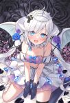  1girl :d bare_shoulders bettle_(b_s_a_n) black_gloves black_legwear blue_bow blue_eyes blue_footwear bow breasts cleavage cross_hair_ornament crystal demon_tail detached_sleeves flower gloves hair_ornament heart high_heels highres medium_breasts navel re:act shirane_yuki single_thighhigh sitting skirt smile solo tail thighhighs tiara virtual_youtuber white_hair white_skirt white_wings wings 