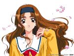  1girl black_headband brown_eyes brown_hair closed_mouth company_name copyright earrings endou_akira hand_up headband jewelry long_hair long_sleeves looking_at_viewer non-web_source official_art petals red_ribbon ribbon school_uniform sentimental_graffiti sentimental_journey_(anime) sleeves_past_wrists smile solo upper_body white_background 