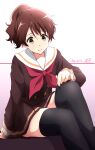  1girl adjusting_clothes adjusting_legwear asymmetrical_bangs bangs black_legwear bow brown_eyes brown_hair dated hibike!_euphonium highres kitauji_high_school_uniform legs medium_hair miniskirt neckerchief nii_manabu oumae_kumiko pleated_skirt ponytail school_uniform serafuku simple_background sitting skirt solo thighhighs thighs tight zettai_ryouiki 