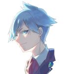  1boy blue_eyes blue_hair closed_mouth collared_shirt commentary jacket looking_at_viewer male_focus namiri necktie pokemon pokemon_(game) pokemon_oras red_necktie shirt short_hair simple_background smile solo steven_stone upper_body white_background white_shirt 