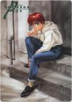  1990s_(style) 1girl absurdres bangs black_footwear blue_eyes casual character_name copyright_name denim headphones highres hood hood_down hoodie izumi_noa jeans kidou_keisatsu_patlabor long_sleeves looking_at_viewer official_art pants red_hair retro_artstyle scan short_hair sitting solo takada_akemi 