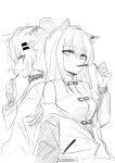  2girls :d absurdres animal_ear_fluff animal_ears arknights breasts chihuri china_dress chinese_clothes dress ear_piercing fang food food_in_mouth greyscale hair_ornament hairclip hand_up highres holding holding_food jacket lappland_(arknights) long_hair long_sleeves monochrome mouth_hold multiple_girls off_shoulder open_clothes open_jacket piercing pocky profile scar scar_across_eye simple_background sleeveless sleeveless_dress small_breasts smile texas_(arknights) white_background 