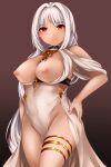  1girl azur_lane bare_shoulders body_markings breasts breasts_outside center_opening cocktail_dress dark-skinned_female dark_skin dress evening_gown eyebrows_visible_through_hair facial_mark forehead_mark gold_choker halter_dress halterneck highres large_breasts long_hair massachusetts_(azur_lane) massachusetts_(dressed_to_impress)_(azur_lane) nipples no_panties official_alternate_costume red_eyes simple_background standing thighlet very_long_hair white_dress white_nails yoshimo 