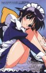  2000s_(style) andou_mahoro apron bangs blue_background blue_dress blush copyright copyright_name dress hair_flaps head_tilt juliet_sleeves knees_up legs long_hair long_sleeves looking_at_viewer mahoromatic maid maid_headdress megami_magazine not_for_sale official_art panties puffy_sleeves purple_hair scan simple_background sitting smile underwear white_apron 