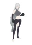  1girl alternate_costume arknights bangs black_legwear boxing_gloves breasts clothing_cutout commentary_request crop_top full_body grey_shirt hair_between_eyes highres large_breasts long_hair looking_at_viewer low-tied_long_hair midriff navel no_hat no_headwear pantyhose red_eyes shirt silver_hair simple_background skadi_(arknights) sleeveless sleeveless_shirt solo standing stomach thigh_cutout thighs toeless_legwear very_long_hair white_background xperiajoker 