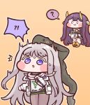  !? 2girls ? blush_stickers bulga cheona_(last_origin) chibi colored_eyelashes echidna_(last_origin) ironworm last_origin multiple_girls purple_eyes silver_hair simple_background snake surprised yellow_background 