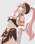  1girl alternate_costume artist_name bikini bikini_top black_bikini black_hairband black_skirt braid breasts closed_mouth commentary cowboy_shot dancer dated_commentary detached_sleeves fire_emblem fire_emblem_awakening fire_emblem_heroes grey_background hairband long_hair looking_at_viewer navel official_alternate_costume olivia_(fire_emblem) pink_eyes pink_hair ponytail profile sideboob sidelocks simple_background skeptycally skirt small_breasts solo swimsuit twin_braids 