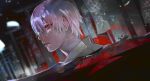  1boy bangs blurry blurry_background collared_shirt dutch_angle hair_between_eyes highres kaneki_ken kyuuba_melo looking_at_viewer male_focus outdoors parted_lips portrait red_eyes shirt short_hair solo swimming teeth tokyo_ghoul tokyo_ghoul:re translation_request water wet wet_hair white_hair white_shirt 