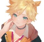  1boy aqua_eyes bangs blonde_hair blue_eyes blush cheek_pinching collarbone collared_shirt commentary fingernails hand_on_another&#039;s_cheek hand_on_another&#039;s_face hood hood_down hoodie jacket jewelry kagamine_len looking_at_viewer male_focus neck_ribbon necklace out_of_frame parted_lips pinching portrait pov pov_hands project_sekai ribbon shade shinotarou_(nagunaguex) shirt simple_background solo_focus tearing_up tears vocaloid wavy_mouth white_background white_shirt 