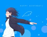  1girl black_hair blush closed_eyes closed_mouth commentary_request drawn_wings from_side haikyuu!! happy_birthday jacket laugh_111 medium_hair mole mole_under_mouth no_eyewear open_clothes open_jacket outstretched_arm shimizu_kiyoko shirt smile solo track_jacket white_shirt 
