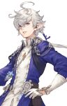  1boy ahoge alphinaud_leveilleur bangs belt belt_pouch blue_coat blue_eyes blue_ribbon chain coat collared_shirt cowboy_shot earclip earrings elezen elf final_fantasy final_fantasy_xiv gloves hair_ribbon hand_on_hip highres jewelry long_hair long_sleeves looking_up makimura_shunsuke male_focus necklace parted_lips pointy_ears ponytail pouch ribbon shirt silver_hair simple_background smile solo standing white_background white_gloves white_shirt 