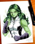  1girl 2019 angry artist_name bare_shoulders breasts cleavage clenched_hands closed_mouth colored_skin enmanuelart20 fingerless_gloves forehead gloves green_hair green_skin grey_eyes hand_up highres inktober large_breasts long_hair looking_at_viewer marker_(medium) marvel muscular muscular_female o-ring paper pen she-hulk shirt simple_background sleeveless solo taut_clothes taut_shirt traditional_media upper_body v-shaped_eyebrows white_background 
