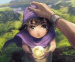  1boy black_hair bracer brown_eyes cape child dragon_quest dragon_quest_v face father_and_son glowing hat headpat hemeru hero_(dq5) highres holding_orb long_hair looking_up orb outdoors pov solo_focus 